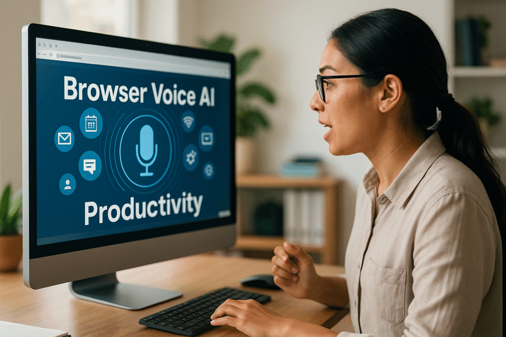 Browser voice AI productivity illustration with overlay text 'Browser Voice AI Productivity'