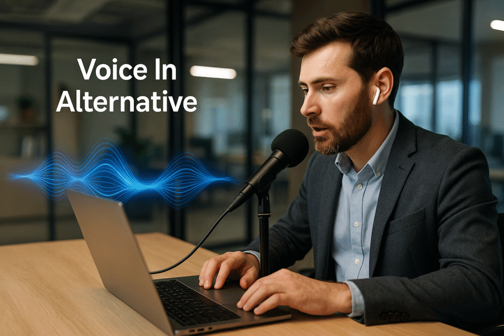 Voice In alternative: professional using Genie 007 AI voice assistant for productivity