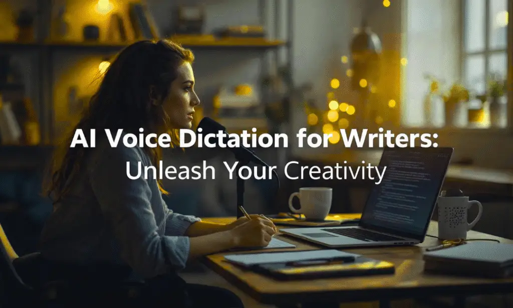 AI voice dictation for writers illustration with microphone icon