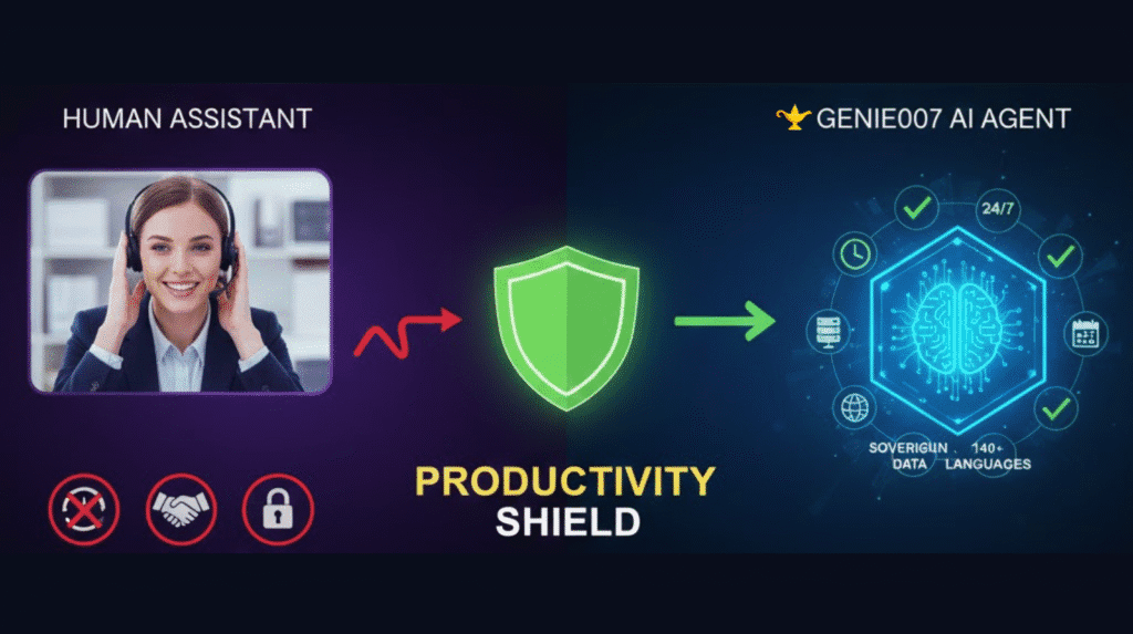 A comparison chart showing the differences between a Human Assistant and the Genie007 AI Agent. The human side shows an 8-hour workday limit and language barriers, while the Genie007 side highlights 24/7 availability, 140+ language support, and secure local browser processing.