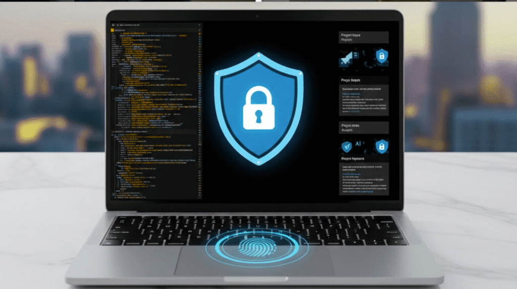 Secure laptop interface showing privacy-first AI data protection and local processing for professional voice dictation