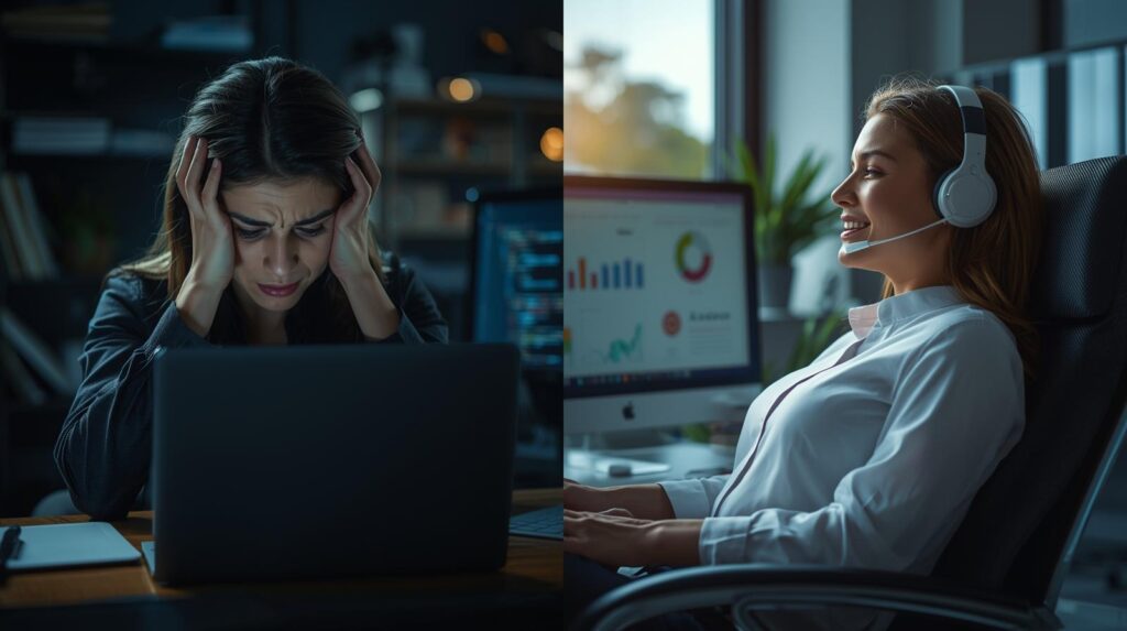 Comparison of manual coding stress versus productive AI-assisted development using Genie007 voice-to-action technology.
