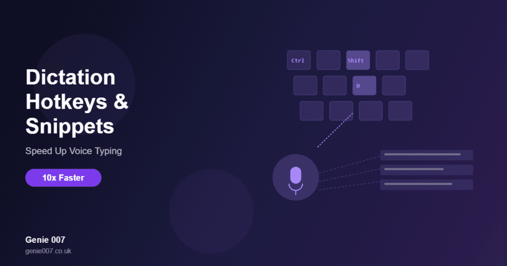 Dictation hotkeys and snippets guide showing keyboard shortcuts for voice typing