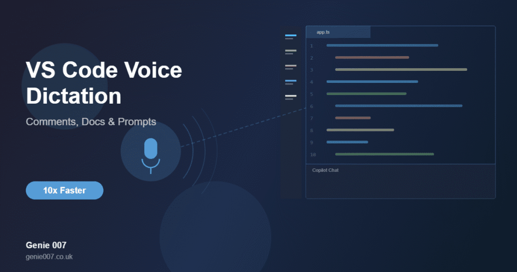 VS Code voice dictation guide showing IDE editor with voice input for Copilot prompts