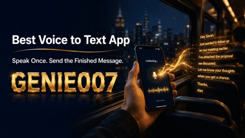Best Voice to Text App for Mobile 2026 Best voice to text app for mobile 2026 — Genie 007 banner with smartphone and gold voice waveform