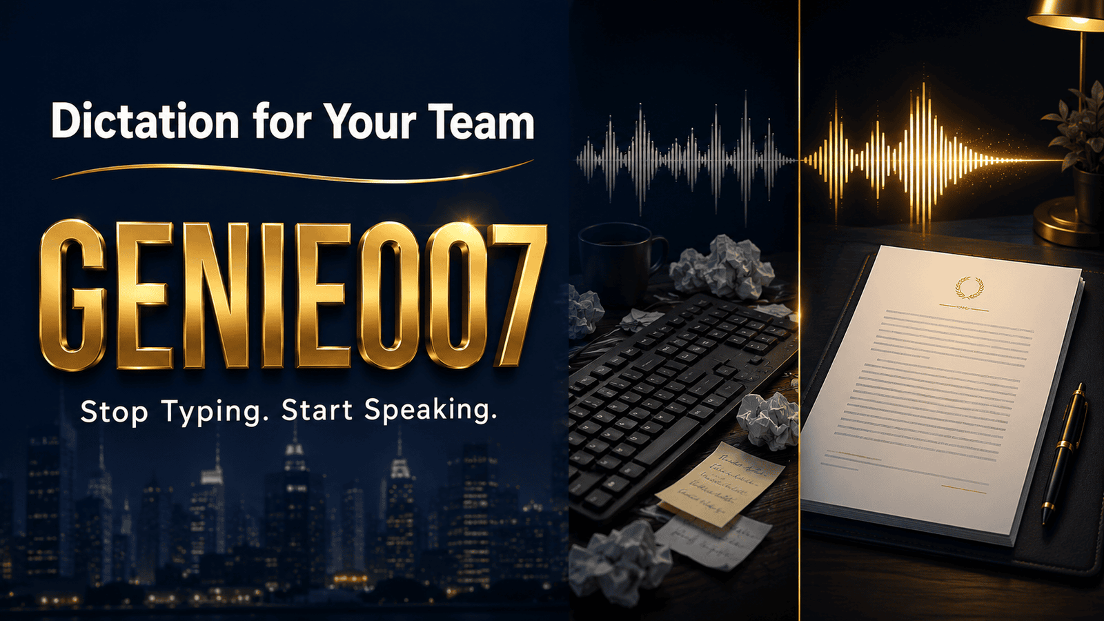 Dictation software for small business — dark premium desk setup with professional microphone and laptop