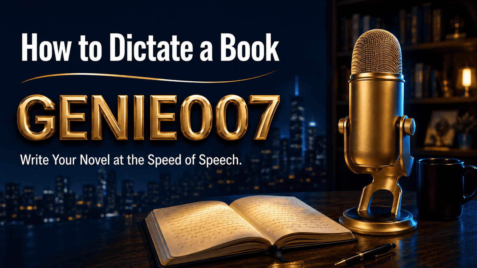 How to dictate a book using Genie007 voice AI — microphone and notebook on dark desk